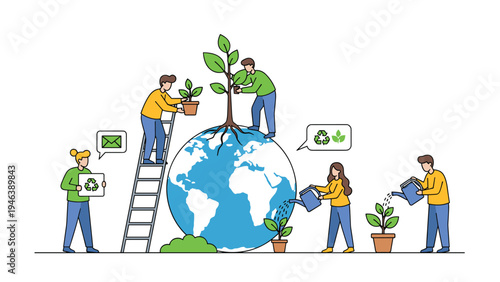 Diverse group of people collaborating to plant trees on a large globe representing global ecological conservation and environmental protection.