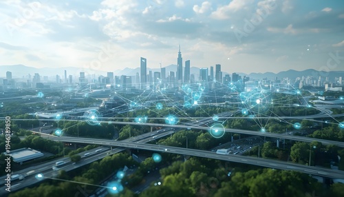 Cityscape with a network of connections and highways leading to skyscrapers under a cloudy sky with digital nodes and lines overlayed across the scene.