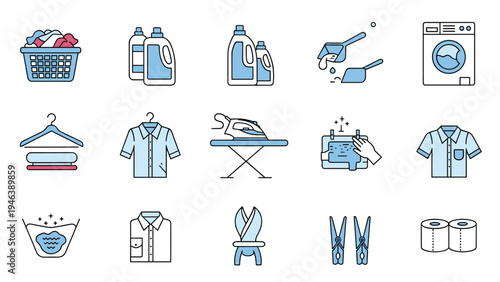Comprehensive set of laundry service icons featuring washing machines, detergents, ironing boards, hangers, and clean folded clothes.
