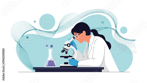 Dedicated female scientist looking through a microscope in a modern laboratory for medical research or scientific discovery and analysis.