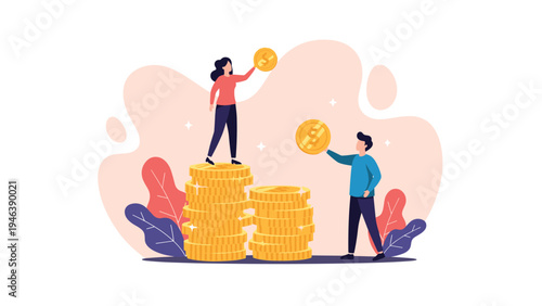 Successful young professionals focus on financial growth and savings by building a tall stack of golden coins to reach their long-term wealth goals.