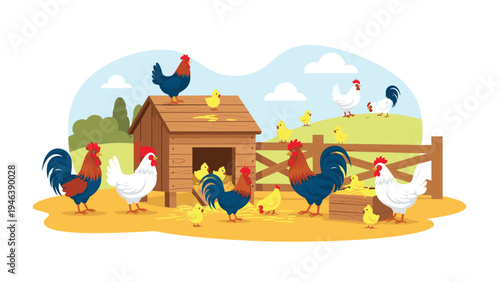 Cheerful farm scene features various roosters, hens, and tiny yellow chicks roaming freely around a wooden coop in a bright outdoor environment.