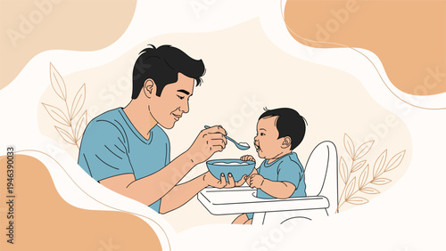 Caring father feeds his young baby some healthy cereal from a bowl while the infant sits comfortably in a high chair during a gentle mealtime at home.