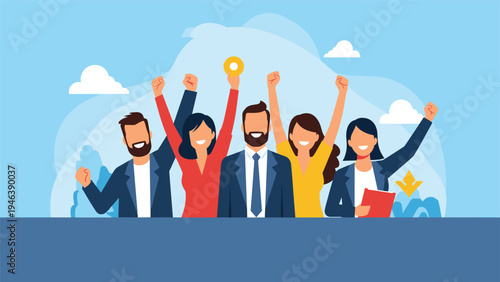 Group of happy business colleagues celebrate their recent professional victory and career success with raised hands in front of a bright blue sky.
