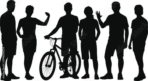 Diverse group of people and a bicycle in silhouette against white background woman
