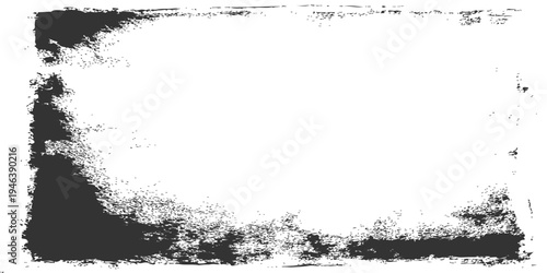 Grungy black and white distressed frame texture with weathered borders and vintage grain for creative graphic design