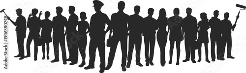 Diverse group of people in silhouette with various professions against white background vector illustration