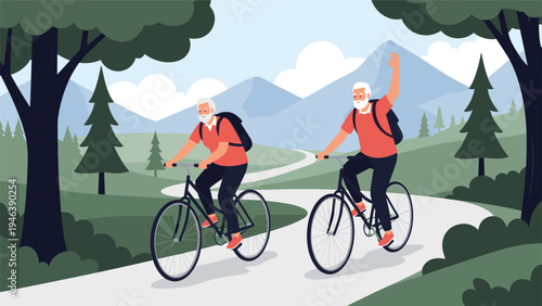Active senior couple enjoys a healthy lifestyle by riding bicycles along a winding path through a beautiful mountainous landscape with pine trees.