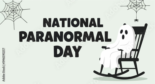 Ghost sitting in rocking chair on National Paranormal Day in spooky minimalist style with black and white colors and flat illustration for Halloween greeting card