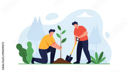 Two dedicated young men work together to plant a small tree in a park, contributing to environmental conservation and green space restoration efforts.