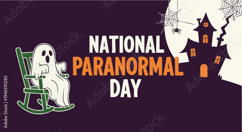 Ghost in rocking chair on National Paranormal Day with spooky haunted house in dark eerie lighting for Halloween
