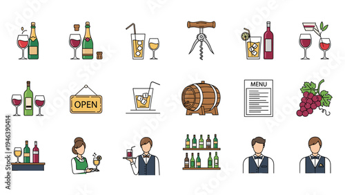 Comprehensive set of flat icons representing bar and restaurant services including drinks, bartenders, menus, and various hospitality symbols.