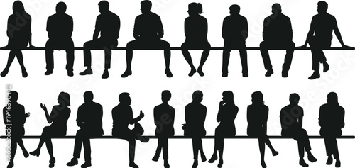 Diverse Group of Silhouettes Sitting on a Long Bench in Two Rows people