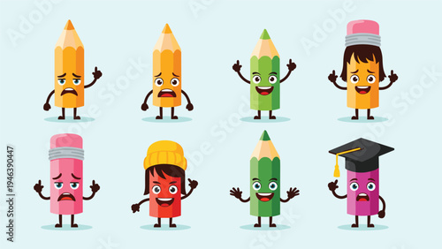 Fun collection of cartoon pencil characters displaying a wide range of emotions and personalities from happy to surprised in a classroom theme.