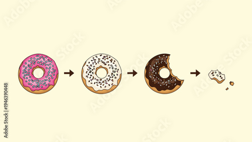 Sequential illustration showing the stages of enjoying delicious donuts with different frostings from a whole pastry to just a few crumbs left.