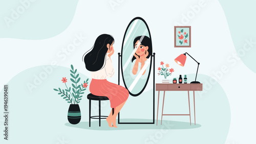 Beautiful young woman sits on a stool and admires her reflection in a large oval mirror while performing her daily skincare and beauty routine.