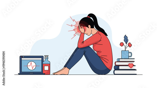 Young woman suffering from a painful headache or migraine sits on the floor with her head in her hands near medical supplies and health icons.