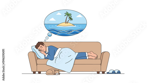 Tired man sleeps soundly on a couch while dreaming about a relaxing vacation on a tropical island with palm trees in a thought bubble above him.
