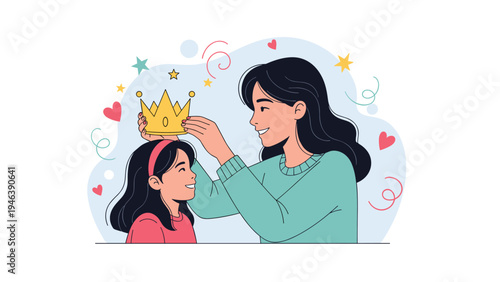 Loving mother placing a golden crown on her happy daughter's head with festive decorations and hearts in the background.