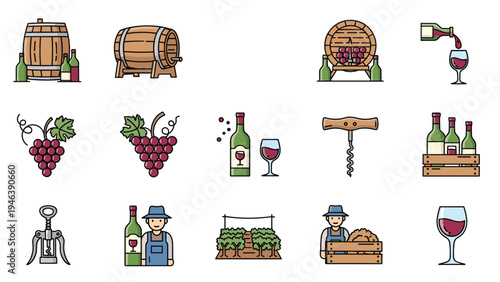 Detailed collection of winery icons including oak barrels, wine bottles, fresh grapes, corkscrews, and professional wine tasters.
