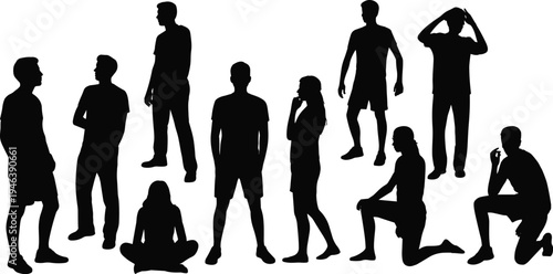 Diverse Silhouettes of People in Various Poses on White Background woman standing
