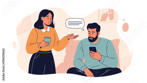 Frustrated woman tries to communicate with her partner who is distracted by a smartphone screen while sitting on a sofa.