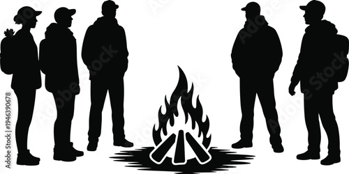 Campfire Gathering Silhouettes of Hikers Around a Fire burning wood