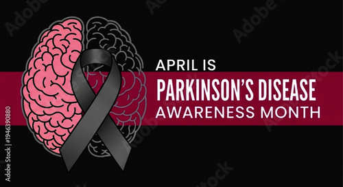 April Parkinson Awareness Month Banner with Brain Graphic and Gray Ribbon Symbol for Medical Advocacy
