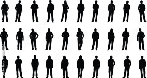 Diverse collection of standing people silhouettes, men and women in various casual and professional poses, community group set, isolated black vector illustration on white