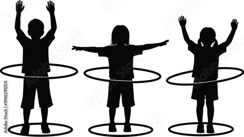 Group of children playing with hula hoops silhouettes, kids exercising and having fun, summer camp activity concept, isolated black vector illustration on white