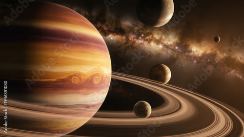 Surreal ringed gas giant planet in deep space, brown and gold cosmic landscape, sci-fi astronomy background wallpaper