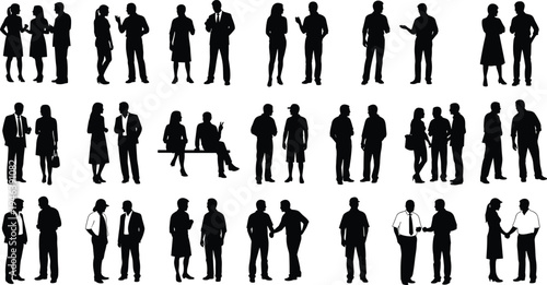 Large collection of diverse people silhouettes in conversation, business professional and casual social group interactions, communication concept, isolated black vector illustration set