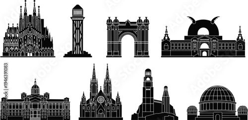 Famous landmark buildings silhouettes set, historic architectural monuments collection, global tourism travel icons, world sightseeing city attractions, isolated black vector illustration on white