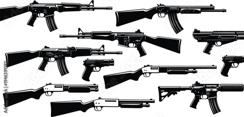 Large collection of firearm silhouettes including assault rifles, shotguns, and pistols, military weapon set, tactical defense concept, isolated black vector illustration on white