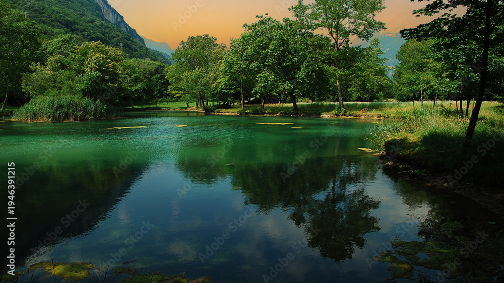 Obraz premium It's early morning on the lake in the Green Spring Forest