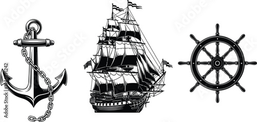 Vintage nautical set with anchor, sailing ship, and steering wheel, maritime navigation icons, antique sea voyage concept, isolated black vector illustration on white