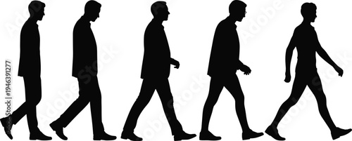 Five Male Silhouettes Walking in Profile on White Background person
