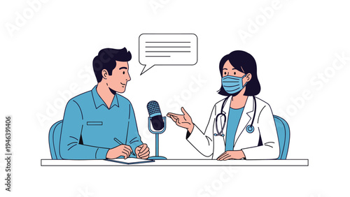 Female doctor in a face mask and a male host sit at a table recording an interview or podcast with a microphone and notes.
