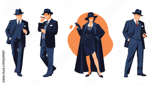 Group of elegant people dressed in vintage nineteen thirties detective and gangster style fashion with suits and fedoras.