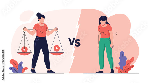 Illustration showing the contrast between a balanced woman with energy and an exhausted woman feeling tired and worn out.