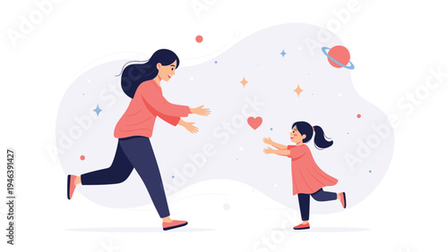 Happy mother and daughter running to each other with open arms for a hug against a starry space background.
