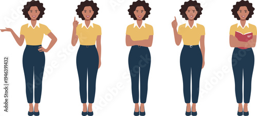 Business African American woman with afro hairstyle standing in half turn pose with various gestures isolated vector illustration set