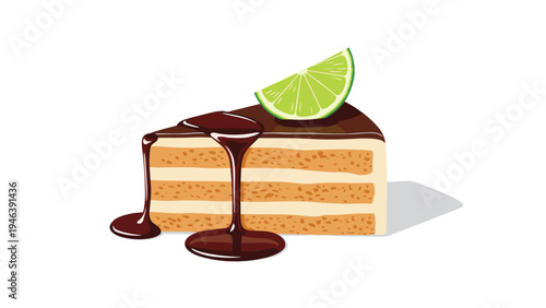 Tempting slice of layered sponge cake with rich chocolate glaze and a fresh green lime slice decoration on top.