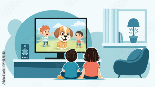 Two young siblings watching a colorful cartoon with a friendly puppy on a large television screen in a cozy living room.