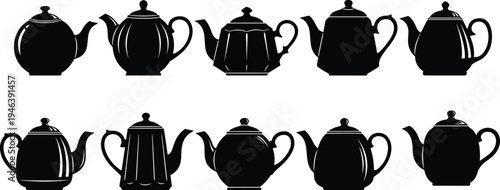 Flat vector silhouette of diverse teapot styles including ceramic and vintage kettles for kitchenware design and home cafe