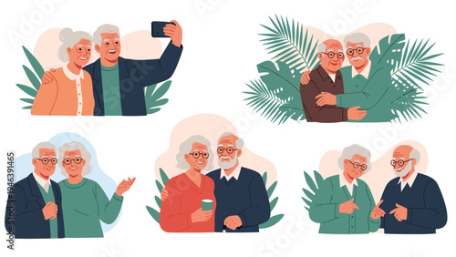 Diverse collection of happy elderly couples enjoying retirement while taking selfies, walking, and talking together.