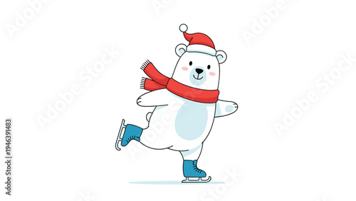 Cute polar bear character wearing a red Santa hat and scarf happily ice skating on a white background.