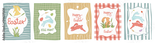 whimsical Easter greeting card Hand drawn set with bunny, eggs, flowers, grass. Naive sketch style spring illustrations on pastel checkered and striped backgrounds for Easter greetings, nursery decor.