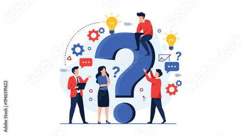 Group of business people working together around a giant question mark to solve problems and find new creative ideas.