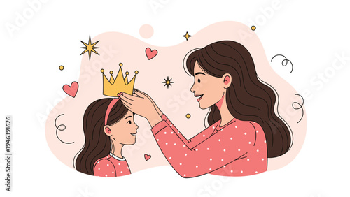 Smiling mother placing a golden toy crown on her young daughter's head as they play together at home against a light pink backdrop.
